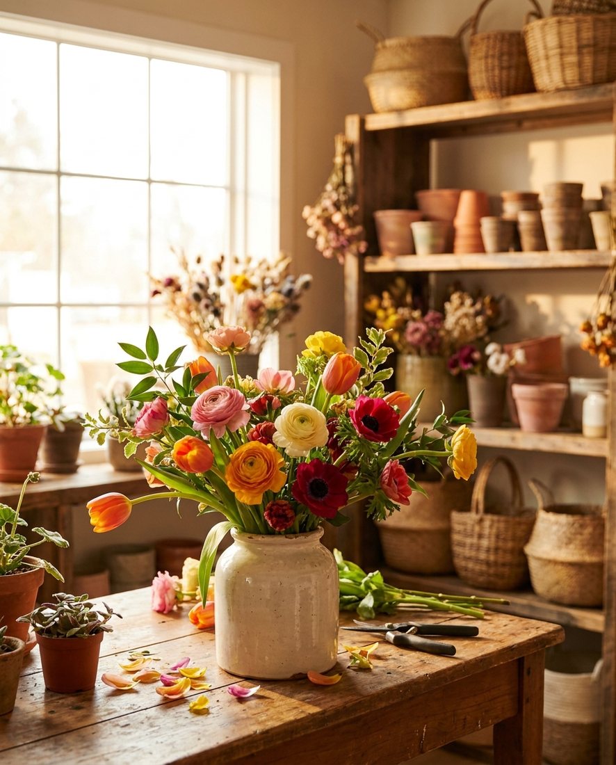 Kleurrijk boeket in een vaas op een houten tafel