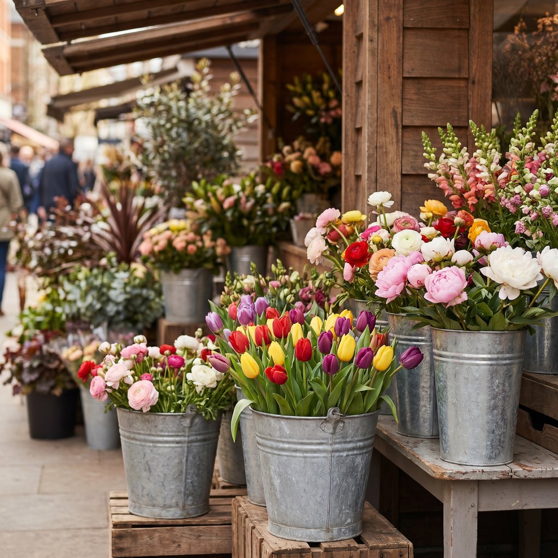 Zinken emmers vol verse tulpen en seizoensbloemen