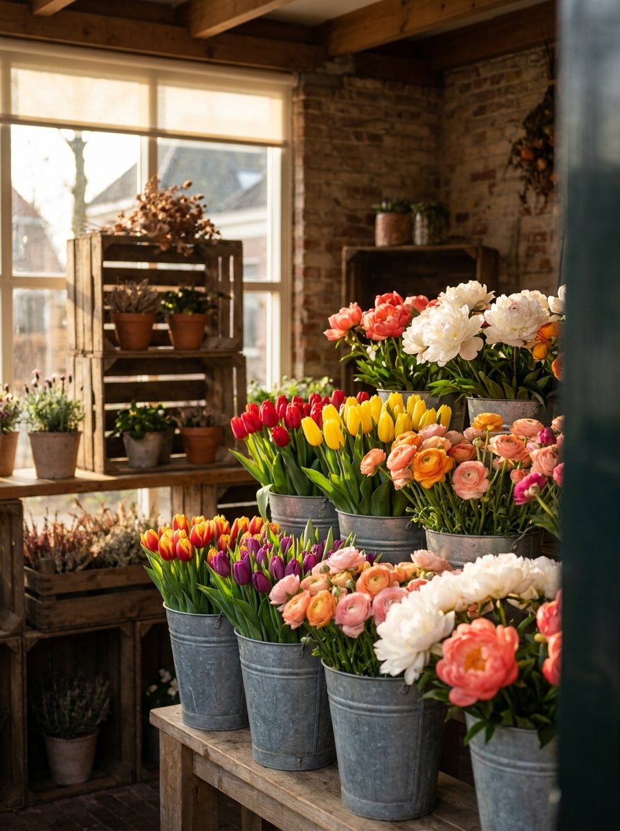 Zinken emmers vol kleurrijke tulpen en seizoensbloemen in een gezellige bloemenwinkel