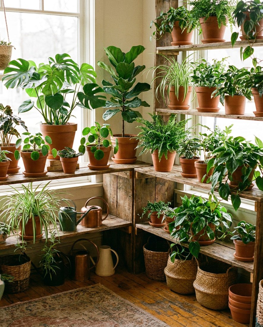 Gezonde groene kamerplanten in terracotta potten